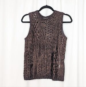 Anthropologie Leo and Sage Dark Dust Knit Top Brown Metallic Open Knit Vest
